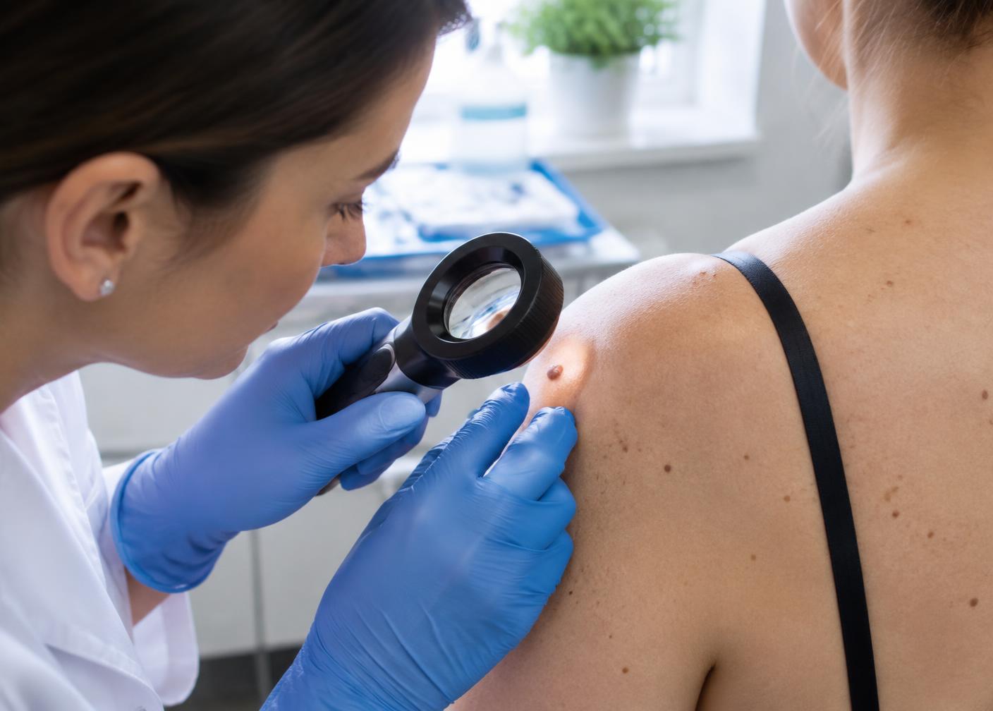 Close-up of a dermatologist performing a full-body skin check